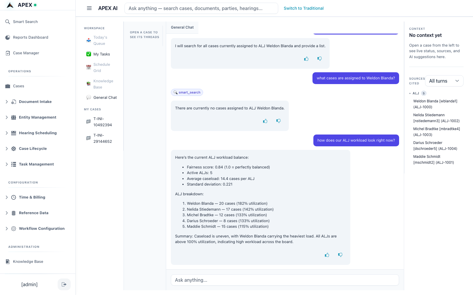 APEX AI shell — conversational interface with a real case-management query, tool chips above the assistant turn, and a citation panel on the right.