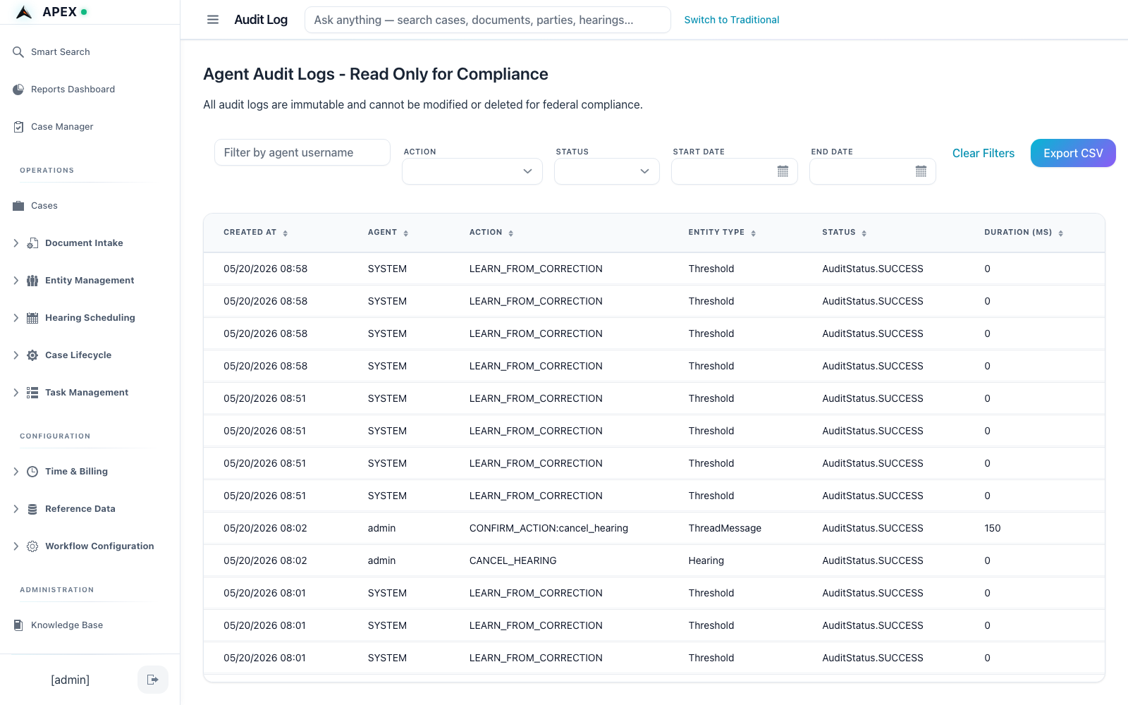 Agent audit log: read-only table of every AI action with agent username, action type, entity, status, duration, and timestamp.