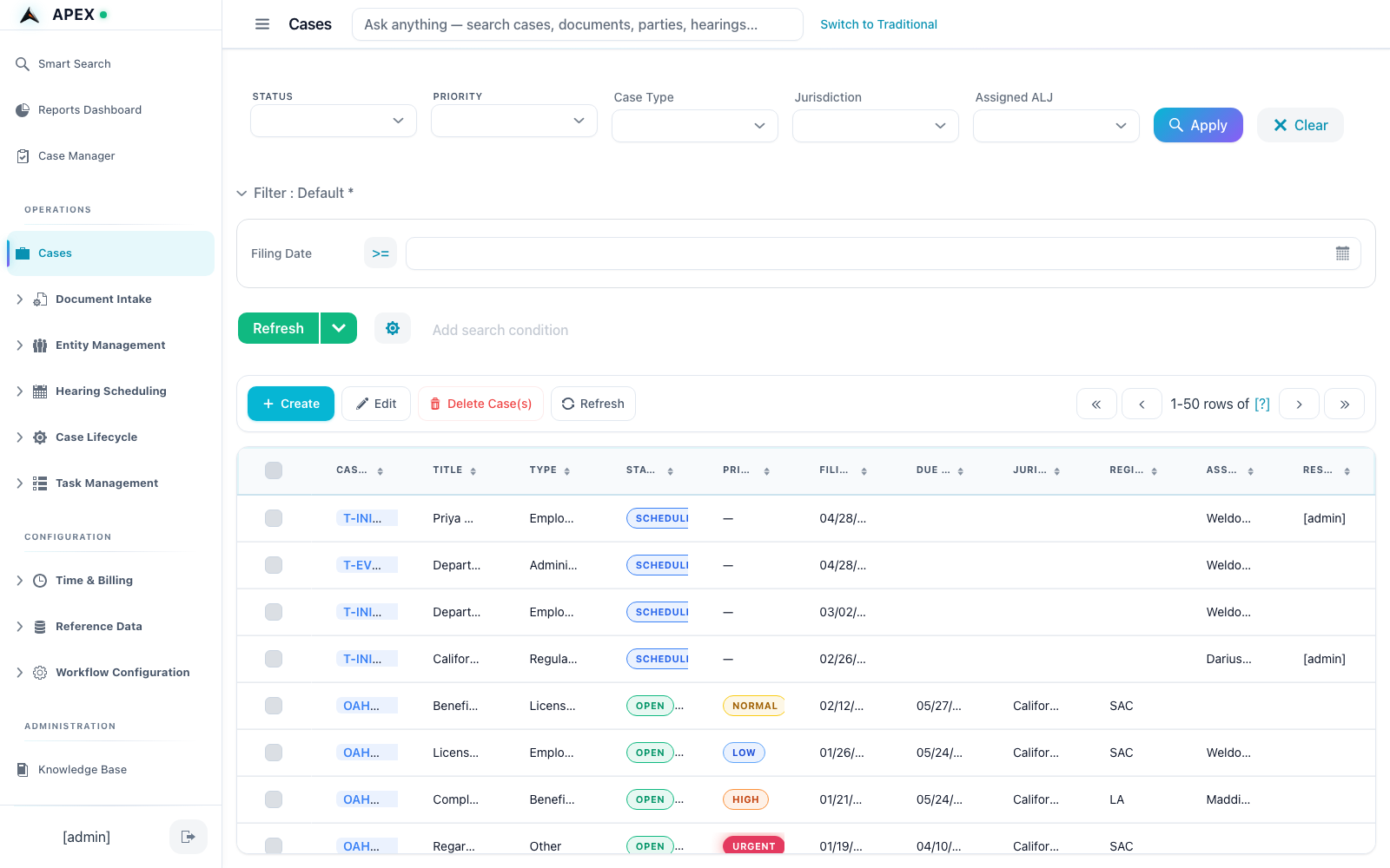 Case list view with status, priority, jurisdiction, and assigned-ALJ filters; sortable columns and per-row priority badges.