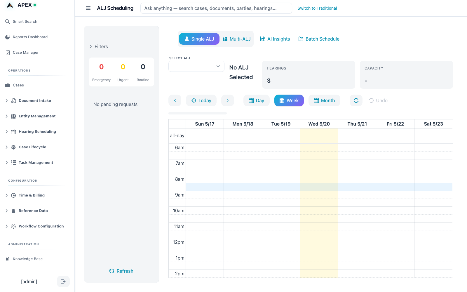 ALJ scheduling calendar with single-ALJ, multi-ALJ, and batch-schedule modes plus AI Insights.